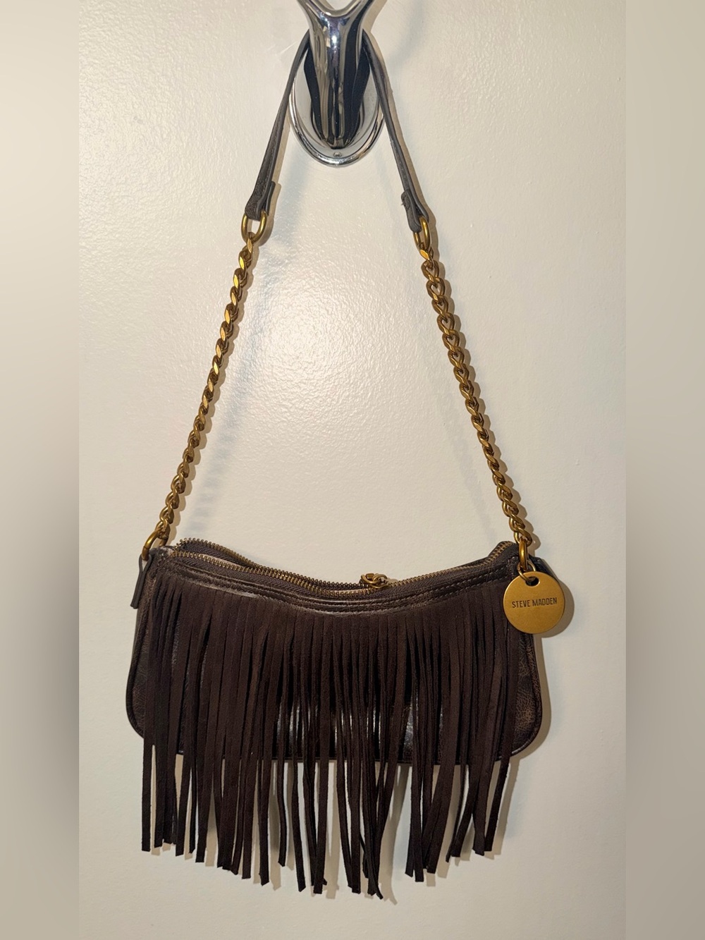 Steve Madden Dark Brown Suede Fringe Shoulder Bag with Gold Chain
